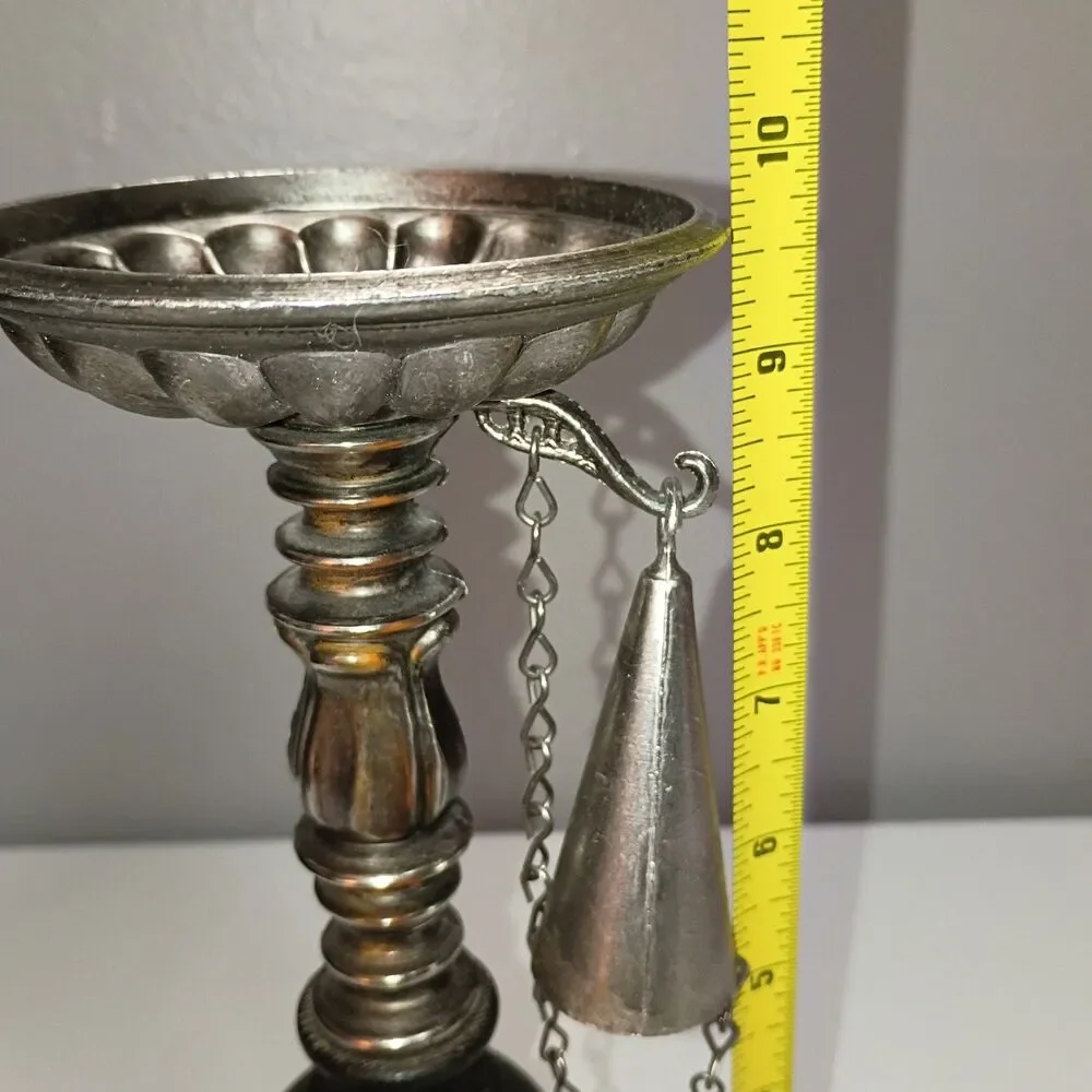 Vintage Dilly Antique Metal Finish Wood Pillar Candle Holder Attached Snuffer